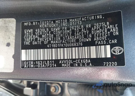 2013 Toyota Camry Hybrid Xle из США, поврежденный, VIN 4T1BD1FK1DU068376